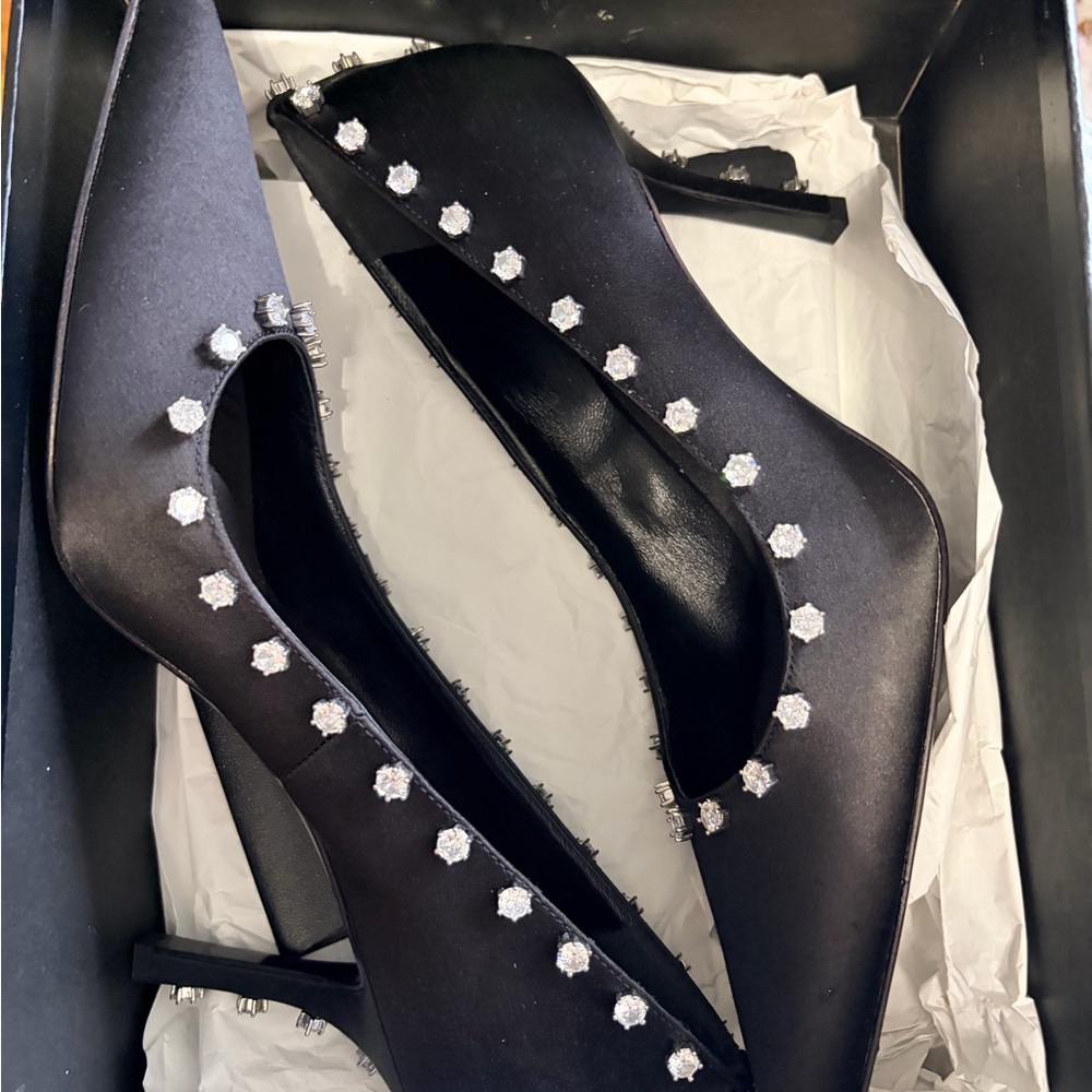 Alexander Wang Black Satin Crystal-Embellished Pointed Pumps